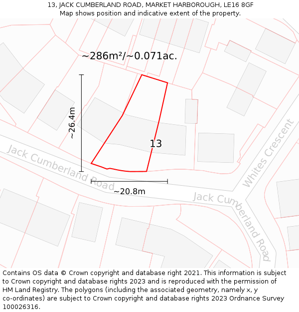 13, JACK CUMBERLAND ROAD, MARKET HARBOROUGH, LE16 8GF: Plot and title map