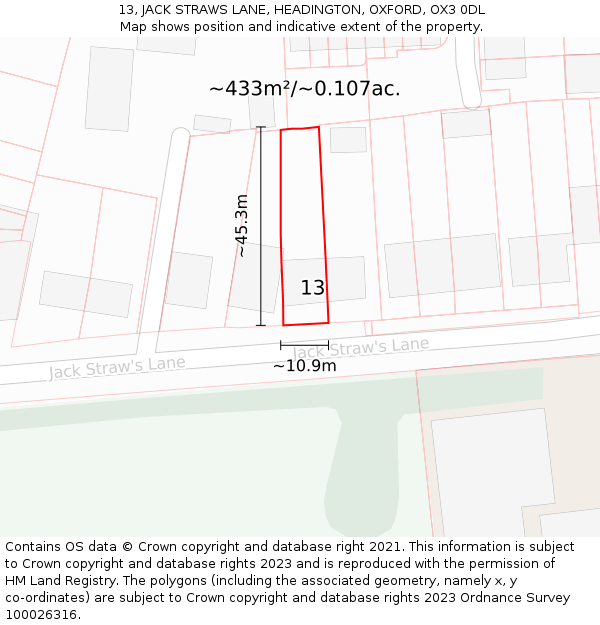 13, JACK STRAWS LANE, HEADINGTON, OXFORD, OX3 0DL: Plot and title map