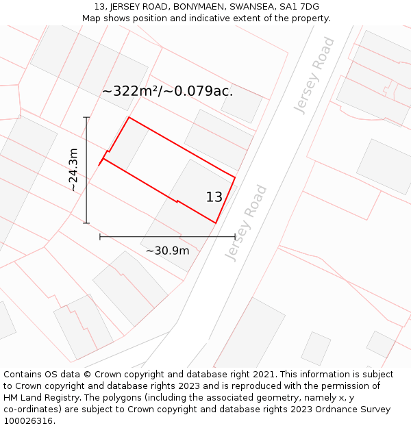 13, JERSEY ROAD, BONYMAEN, SWANSEA, SA1 7DG: Plot and title map