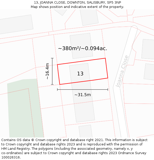 13, JOANNA CLOSE, DOWNTON, SALISBURY, SP5 3NP: Plot and title map