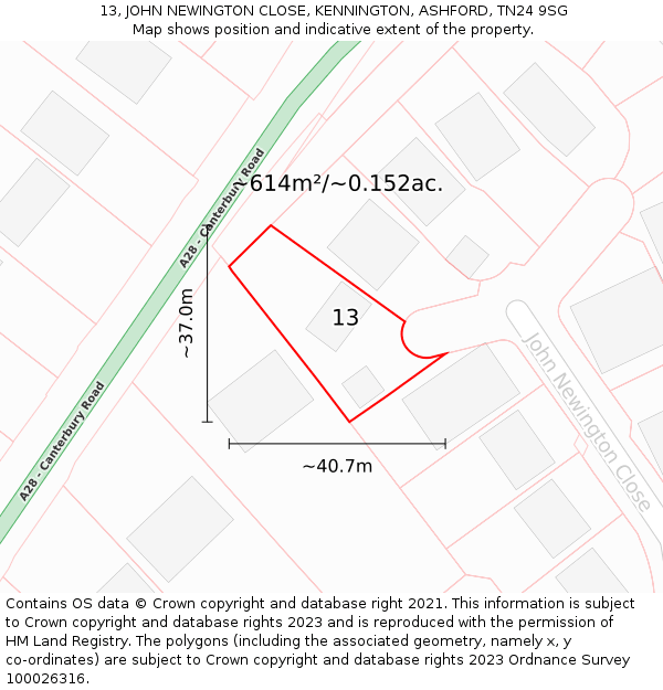 13, JOHN NEWINGTON CLOSE, KENNINGTON, ASHFORD, TN24 9SG: Plot and title map