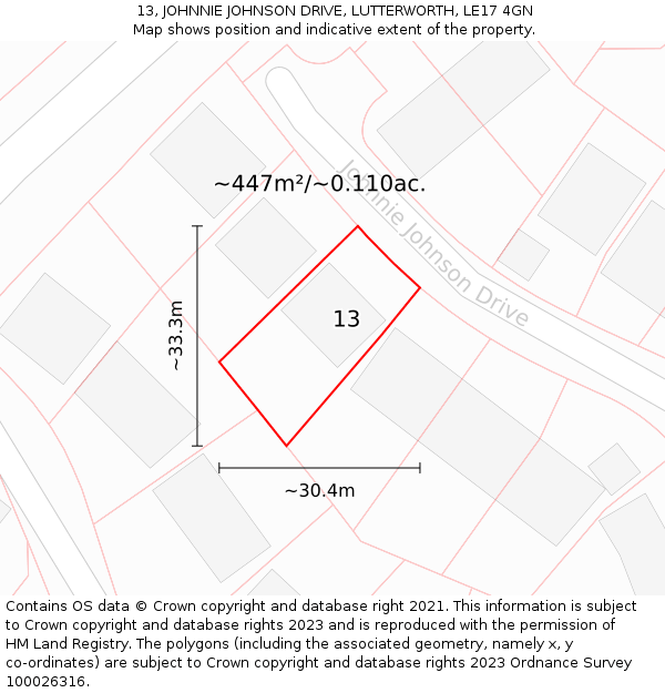 13, JOHNNIE JOHNSON DRIVE, LUTTERWORTH, LE17 4GN: Plot and title map