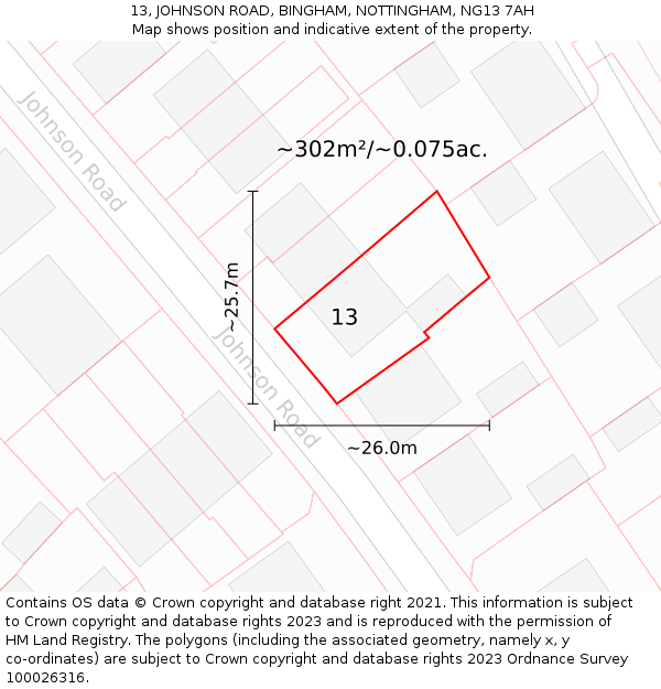 13, JOHNSON ROAD, BINGHAM, NOTTINGHAM, NG13 7AH: Plot and title map