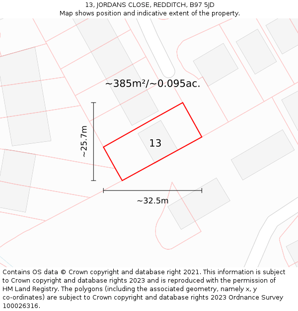 13, JORDANS CLOSE, REDDITCH, B97 5JD: Plot and title map