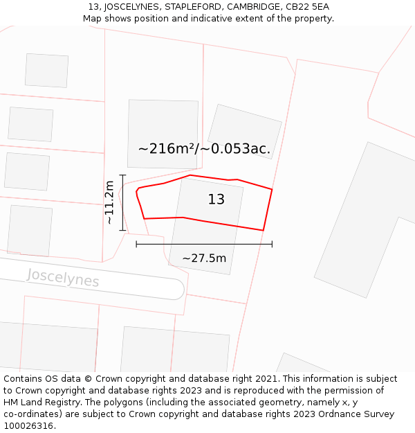 13, JOSCELYNES, STAPLEFORD, CAMBRIDGE, CB22 5EA: Plot and title map