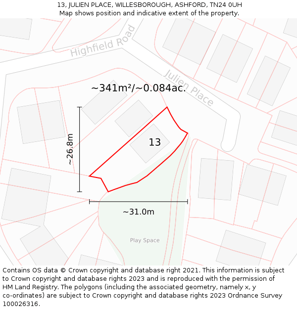 13, JULIEN PLACE, WILLESBOROUGH, ASHFORD, TN24 0UH: Plot and title map