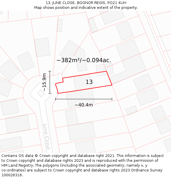 13, JUNE CLOSE, BOGNOR REGIS, PO21 4UH: Plot and title map