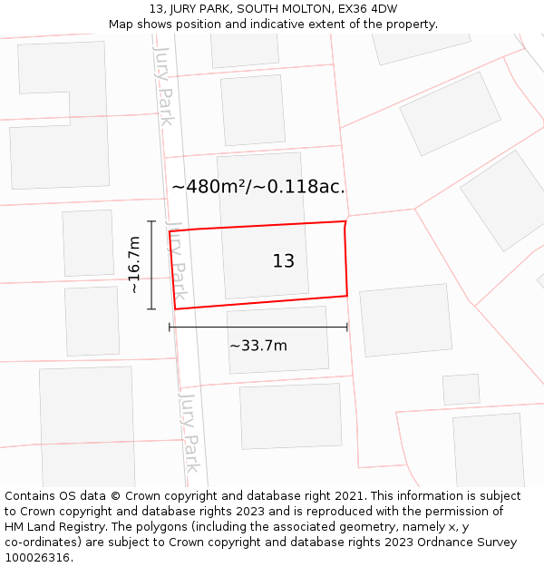 13, JURY PARK, SOUTH MOLTON, EX36 4DW: Plot and title map