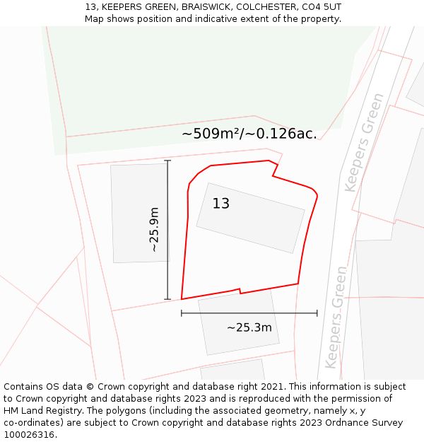 13, KEEPERS GREEN, BRAISWICK, COLCHESTER, CO4 5UT: Plot and title map