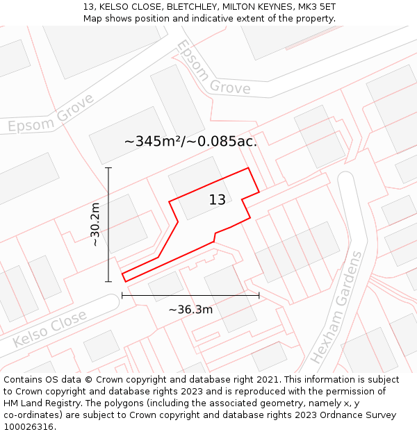 13, KELSO CLOSE, BLETCHLEY, MILTON KEYNES, MK3 5ET: Plot and title map