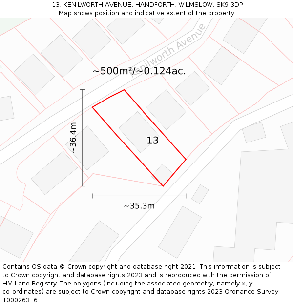 13, KENILWORTH AVENUE, HANDFORTH, WILMSLOW, SK9 3DP: Plot and title map