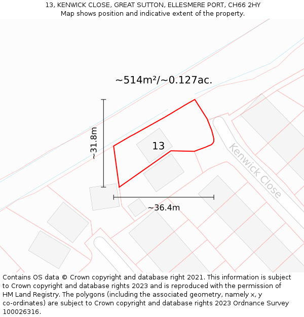 13, KENWICK CLOSE, GREAT SUTTON, ELLESMERE PORT, CH66 2HY: Plot and title map