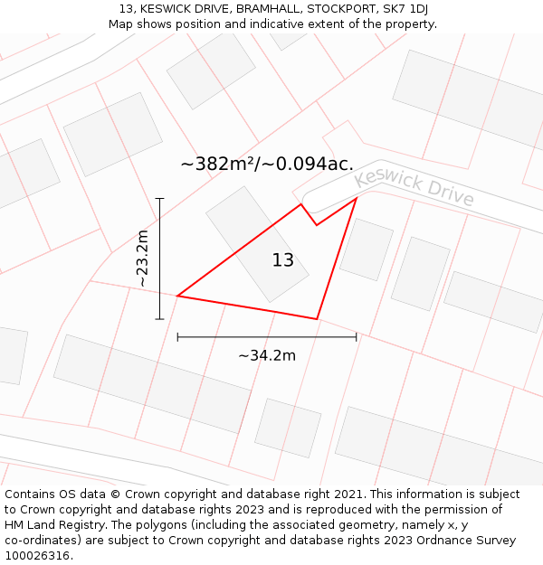 13, KESWICK DRIVE, BRAMHALL, STOCKPORT, SK7 1DJ: Plot and title map