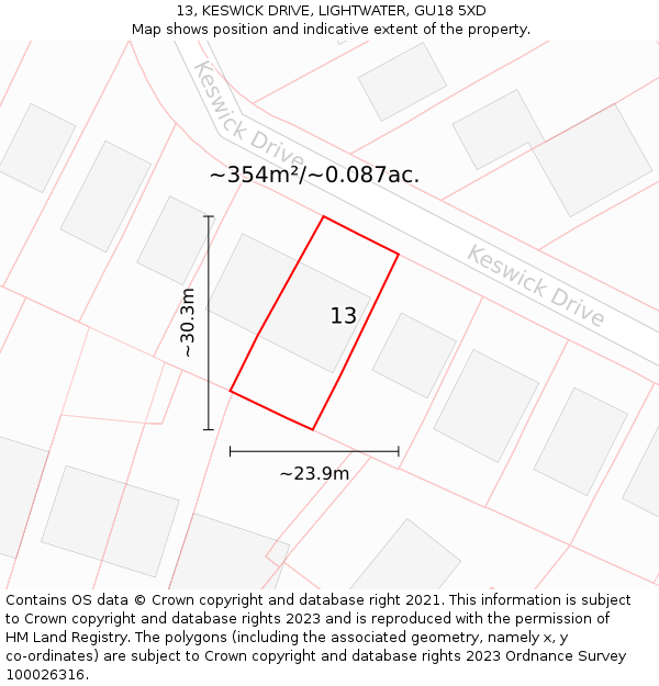 13, KESWICK DRIVE, LIGHTWATER, GU18 5XD: Plot and title map