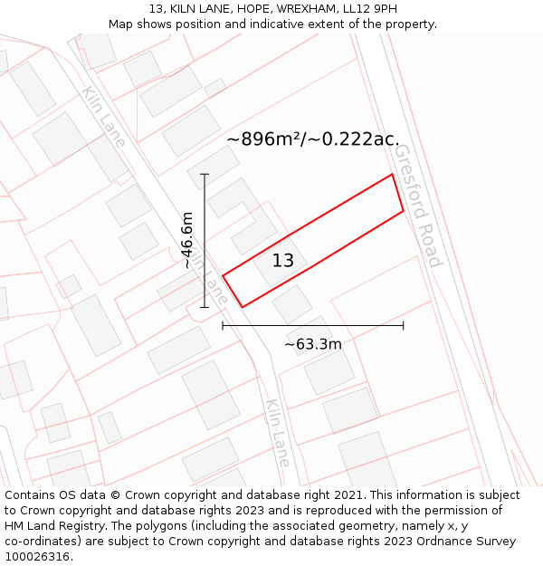 13, KILN LANE, HOPE, WREXHAM, LL12 9PH: Plot and title map