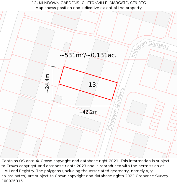 13, KILNDOWN GARDENS, CLIFTONVILLE, MARGATE, CT9 3EG: Plot and title map