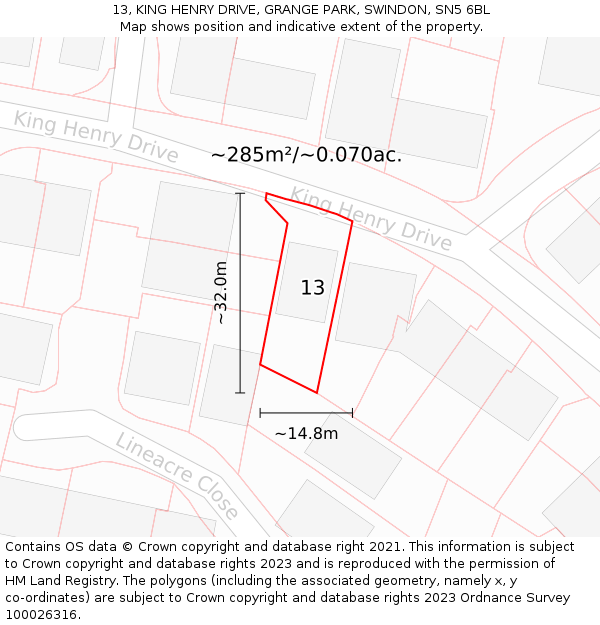 13, KING HENRY DRIVE, GRANGE PARK, SWINDON, SN5 6BL: Plot and title map