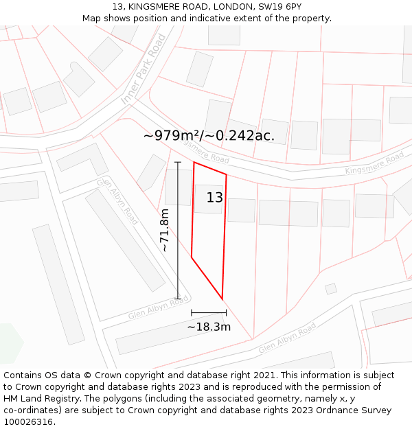 13, KINGSMERE ROAD, LONDON, SW19 6PY: Plot and title map
