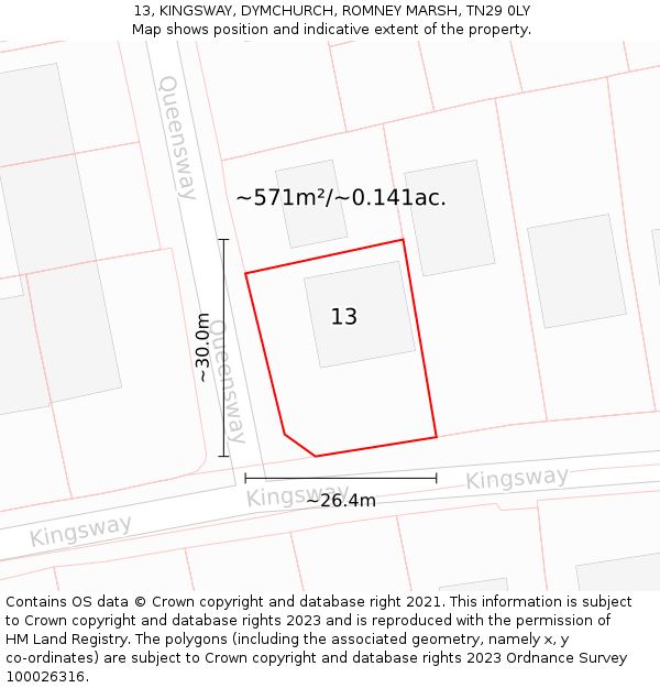 13, KINGSWAY, DYMCHURCH, ROMNEY MARSH, TN29 0LY: Plot and title map