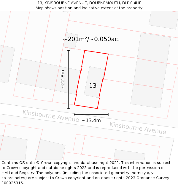 13, KINSBOURNE AVENUE, BOURNEMOUTH, BH10 4HE: Plot and title map