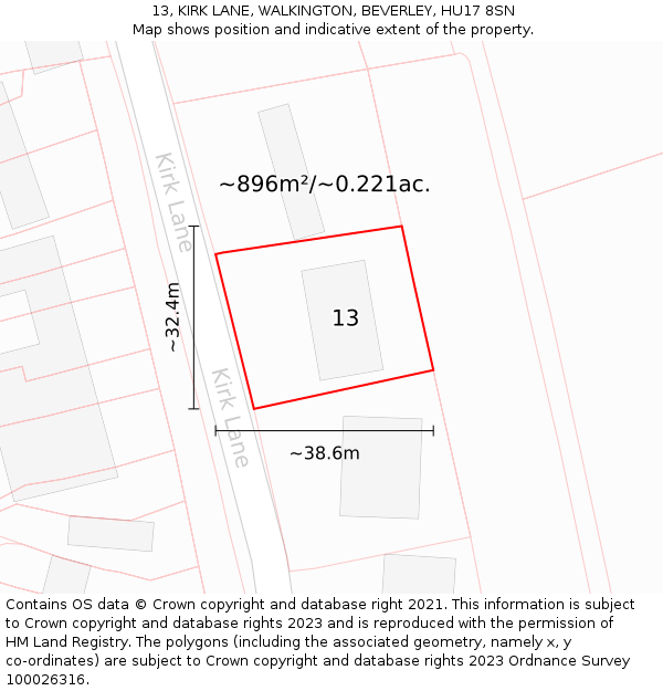 13, KIRK LANE, WALKINGTON, BEVERLEY, HU17 8SN: Plot and title map