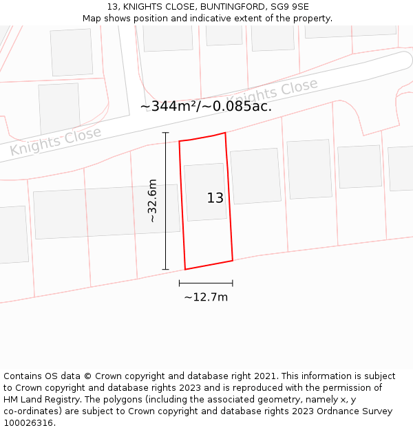 13, KNIGHTS CLOSE, BUNTINGFORD, SG9 9SE: Plot and title map