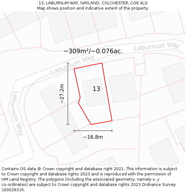 13, LABURNUM WAY, NAYLAND, COLCHESTER, CO6 4LG: Plot and title map