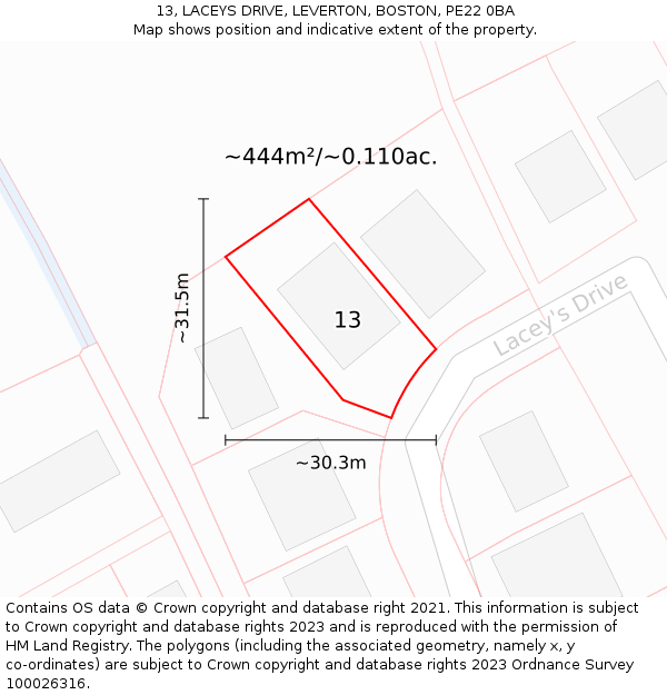 13, LACEYS DRIVE, LEVERTON, BOSTON, PE22 0BA: Plot and title map