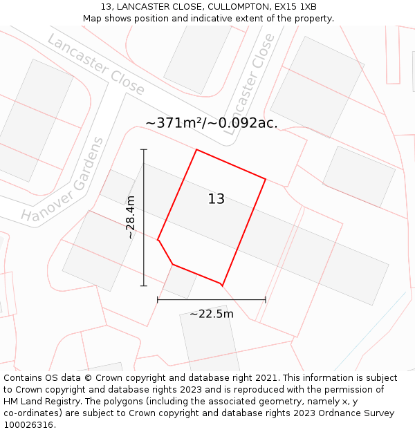 13, LANCASTER CLOSE, CULLOMPTON, EX15 1XB: Plot and title map