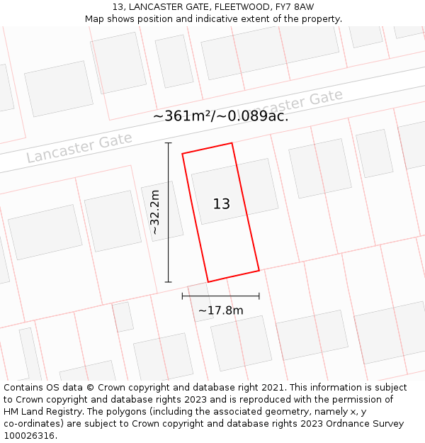 13, LANCASTER GATE, FLEETWOOD, FY7 8AW: Plot and title map