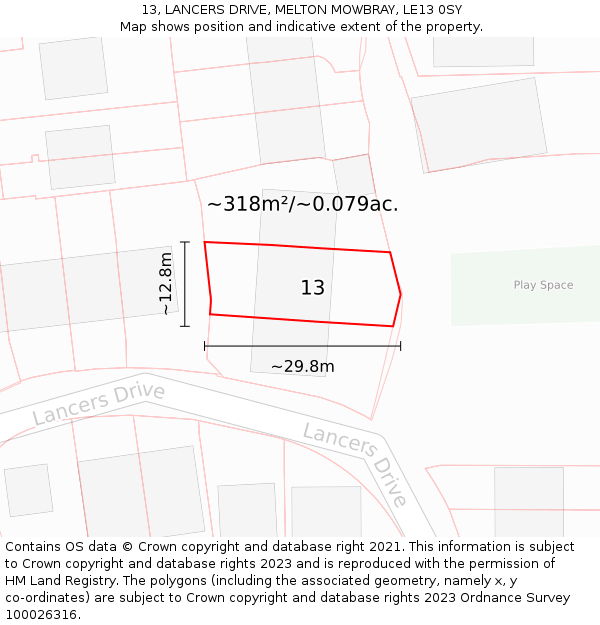 13, LANCERS DRIVE, MELTON MOWBRAY, LE13 0SY: Plot and title map