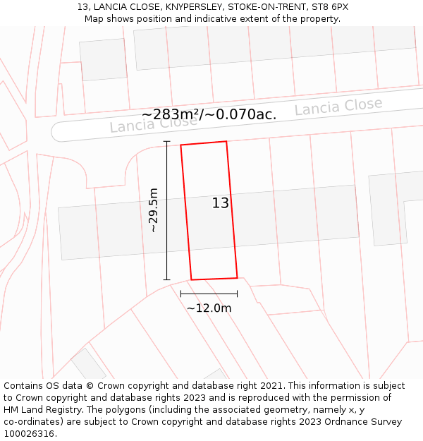 13, LANCIA CLOSE, KNYPERSLEY, STOKE-ON-TRENT, ST8 6PX: Plot and title map