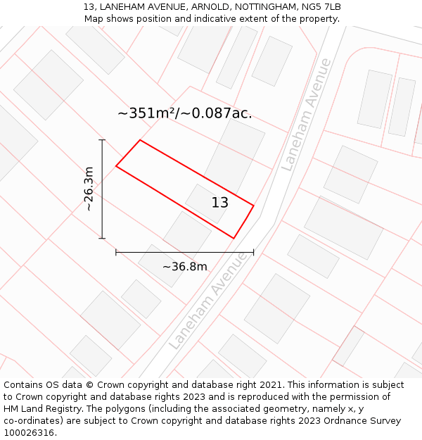 13, LANEHAM AVENUE, ARNOLD, NOTTINGHAM, NG5 7LB: Plot and title map