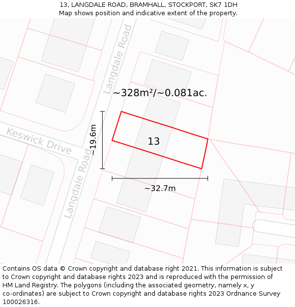 13, LANGDALE ROAD, BRAMHALL, STOCKPORT, SK7 1DH: Plot and title map