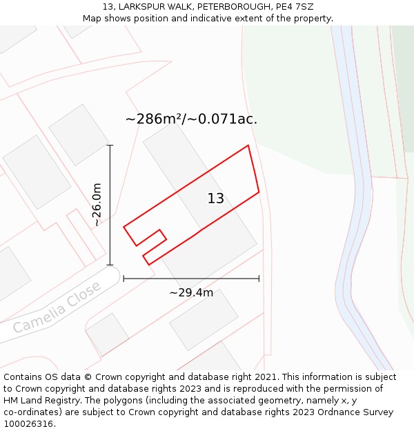 13, LARKSPUR WALK, PETERBOROUGH, PE4 7SZ: Plot and title map