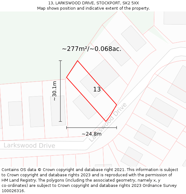 13, LARKSWOOD DRIVE, STOCKPORT, SK2 5XX: Plot and title map