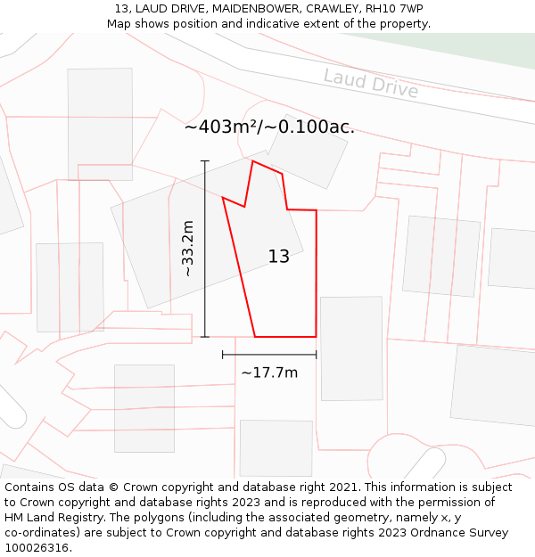 13, LAUD DRIVE, MAIDENBOWER, CRAWLEY, RH10 7WP: Plot and title map