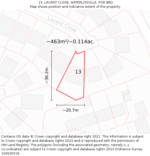 13, LAVANT CLOSE, WATERLOOVILLE, PO8 8BQ: Plot and title map