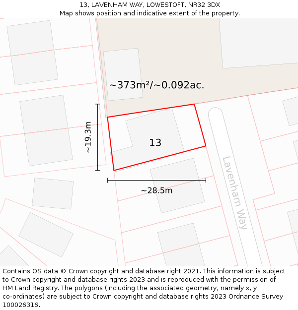 13, LAVENHAM WAY, LOWESTOFT, NR32 3DX: Plot and title map