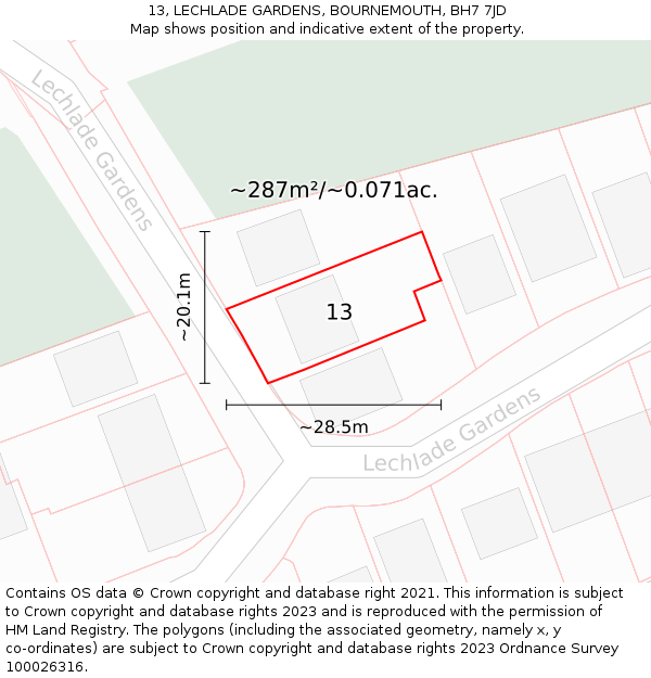 13, LECHLADE GARDENS, BOURNEMOUTH, BH7 7JD: Plot and title map