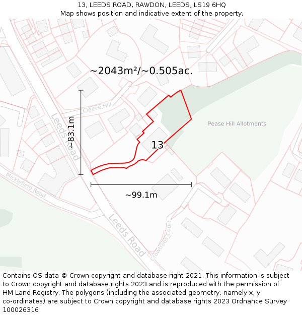 13, LEEDS ROAD, RAWDON, LEEDS, LS19 6HQ: Plot and title map