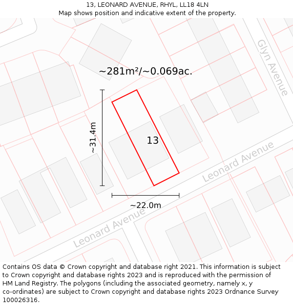 13, LEONARD AVENUE, RHYL, LL18 4LN: Plot and title map