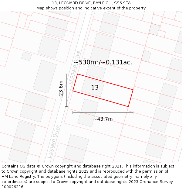 13, LEONARD DRIVE, RAYLEIGH, SS6 9EA: Plot and title map