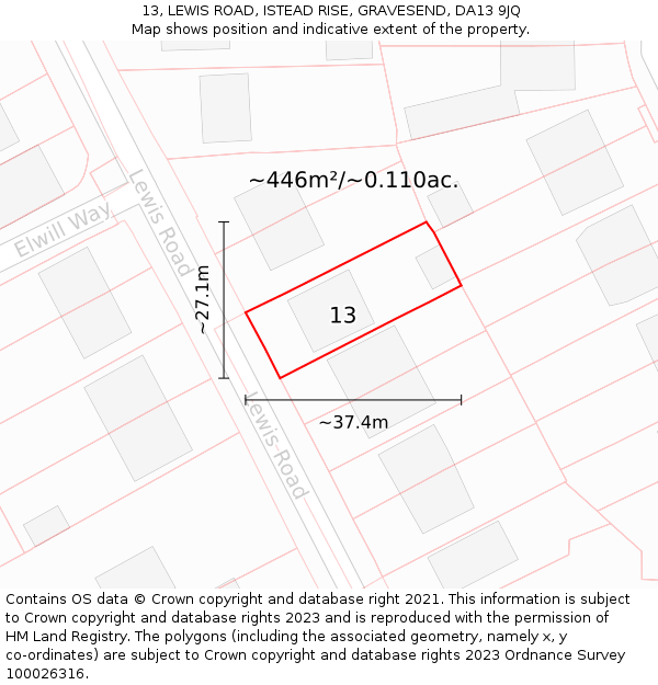 13, LEWIS ROAD, ISTEAD RISE, GRAVESEND, DA13 9JQ: Plot and title map