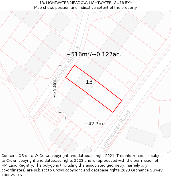 13, LIGHTWATER MEADOW, LIGHTWATER, GU18 5XH: Plot and title map