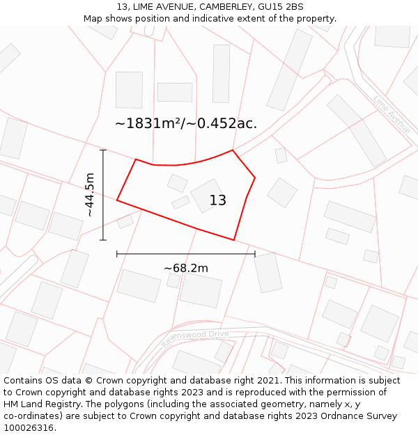 13, LIME AVENUE, CAMBERLEY, GU15 2BS: Plot and title map