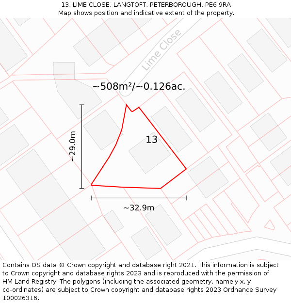 13, LIME CLOSE, LANGTOFT, PETERBOROUGH, PE6 9RA: Plot and title map