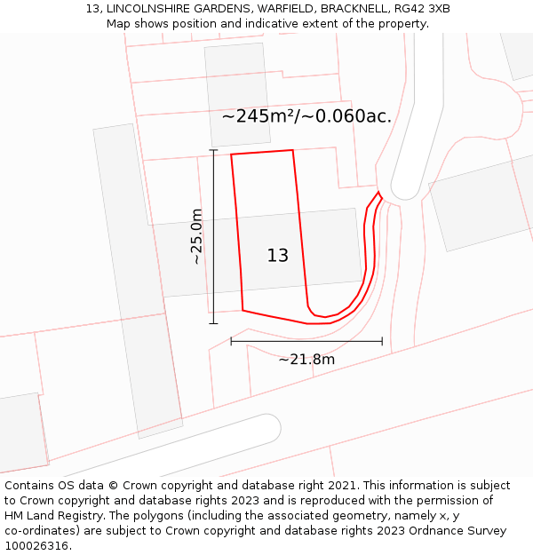 13, LINCOLNSHIRE GARDENS, WARFIELD, BRACKNELL, RG42 3XB: Plot and title map