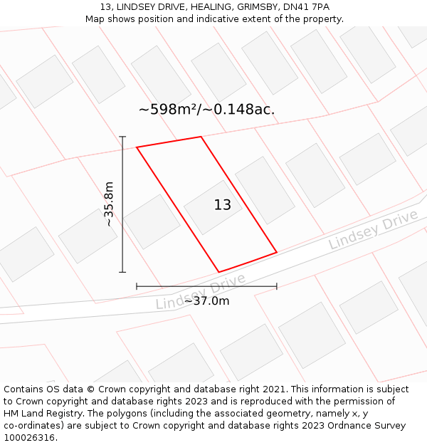 13, LINDSEY DRIVE, HEALING, GRIMSBY, DN41 7PA: Plot and title map