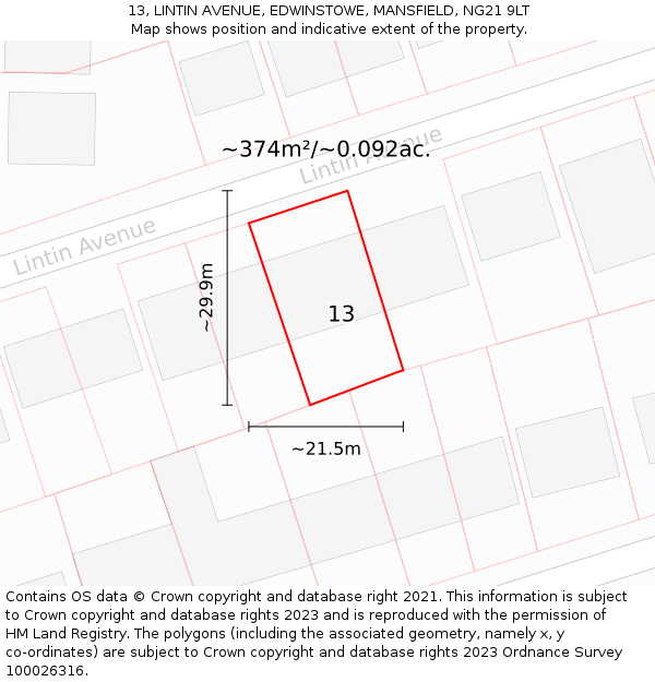 13, LINTIN AVENUE, EDWINSTOWE, MANSFIELD, NG21 9LT: Plot and title map